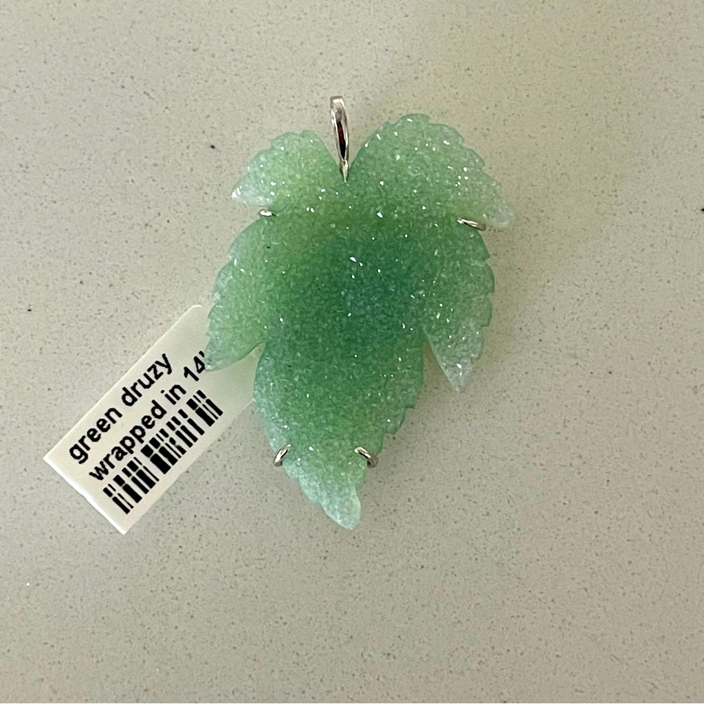 One Of A Kind Hand Carved Green Druzy Leaf 14kt. White Gold Framed Pendant